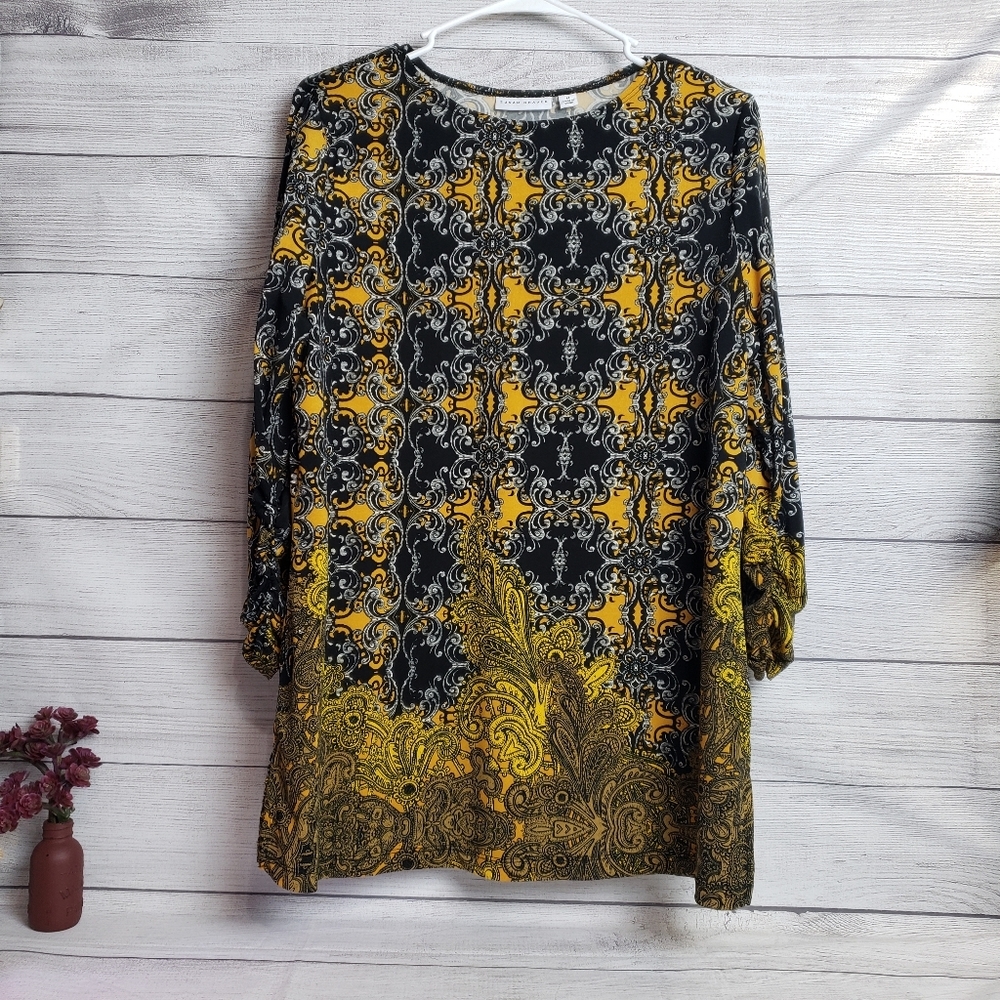 Susan Graver Black Gold Paisley Tunic Long Sleeve Ruched Arms Womens Medium‎